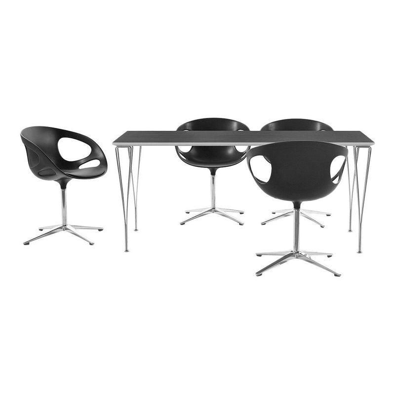Black modern table and two chairs with sleek chrome legs and curved design. Minimalist style perfect for contemporary spaces.