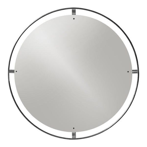 Circular mirror with a sleek silver frame and minimalistic black accents, reflecting a modern aesthetic.