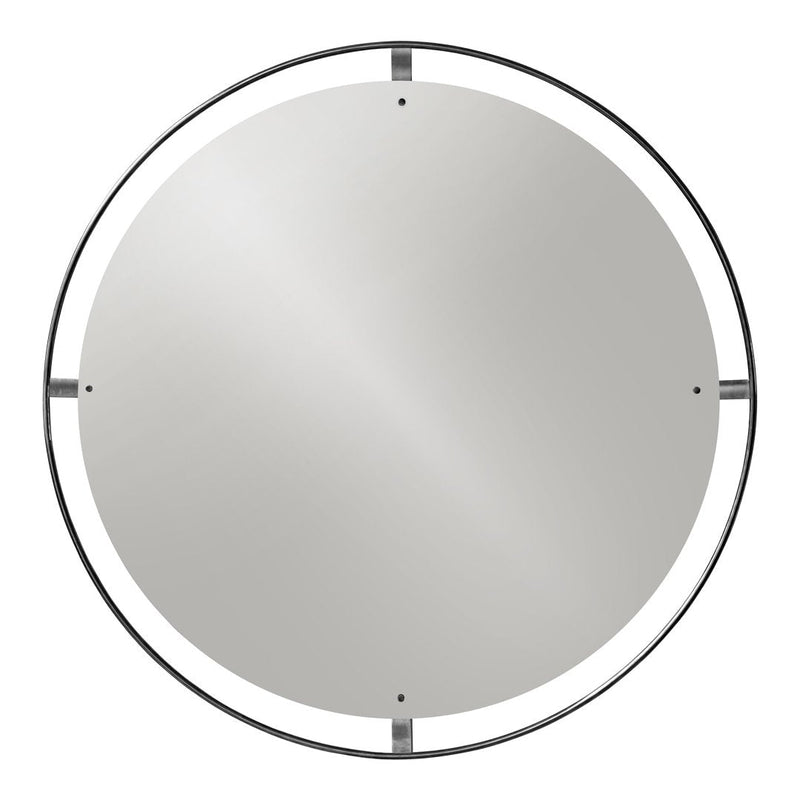 Circular mirror with a sleek silver frame and minimalistic black accents, reflecting a modern aesthetic.