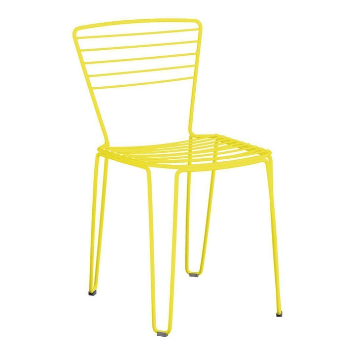 Yellow metal chair with a modern striped design, perfect for outdoor or indoor seating.