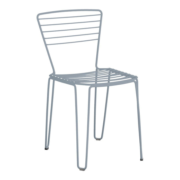 Light blue metal chair with minimalistic horizontal stripe design and a modern, sleek silhouette. Perfect for any decor.
