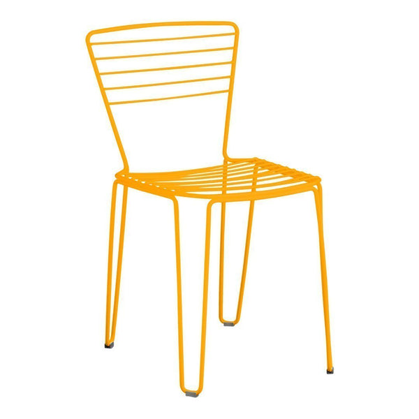 Bright yellow metal chair with sleek horizontal stripes and minimalist design, ideal for modern decor.