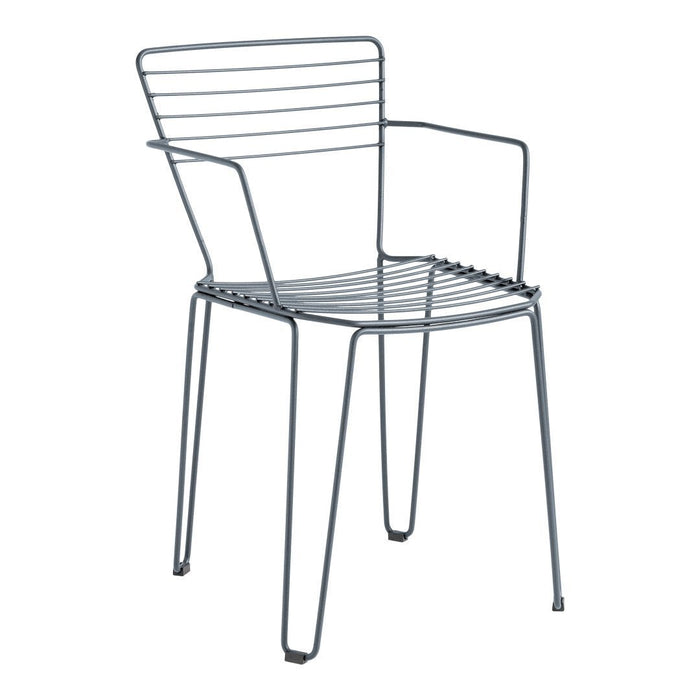 Modern gray wire chair with a minimalist striped pattern and sleek design. Perfect for outdoor or indoor use.