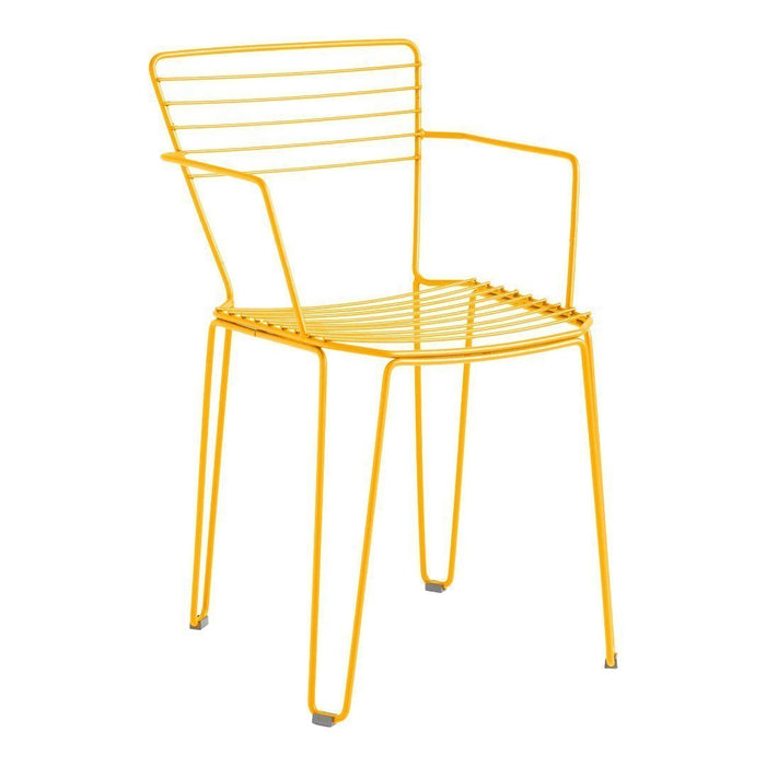 Bright yellow metal chair with a modern striped pattern and minimalist design. Perfect for outdoor or indoor decor.
