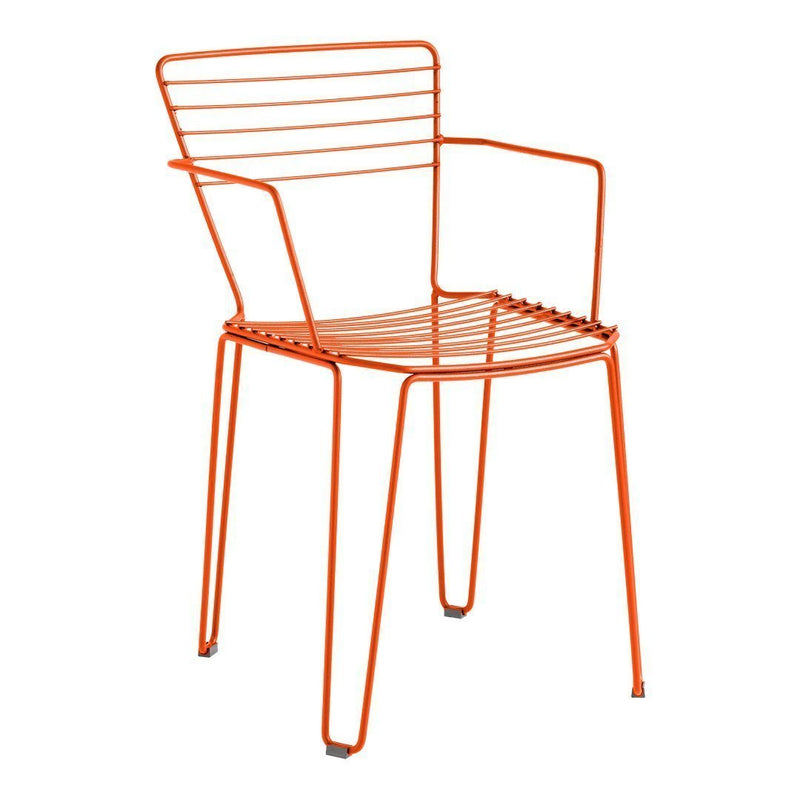 Orange wire chair with modern, minimalist design and sleek, striped pattern. Perfect for vibrant decor.