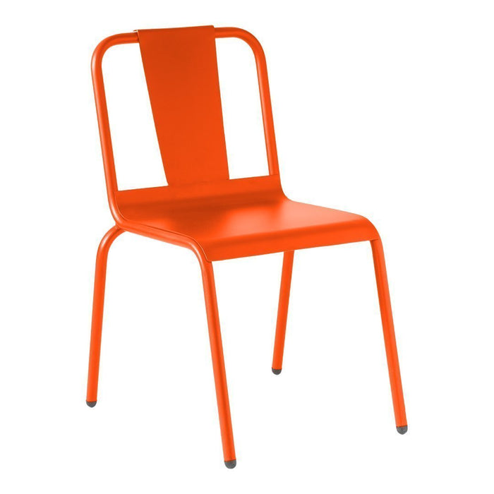 Bright orange metal chair with a simple, modern design and a slatted backrest. 