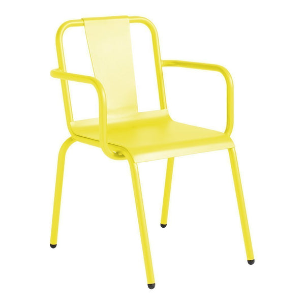 Bright yellow chair with a sleek metal frame and a minimalist design, perfect for adding a pop of color to any space.