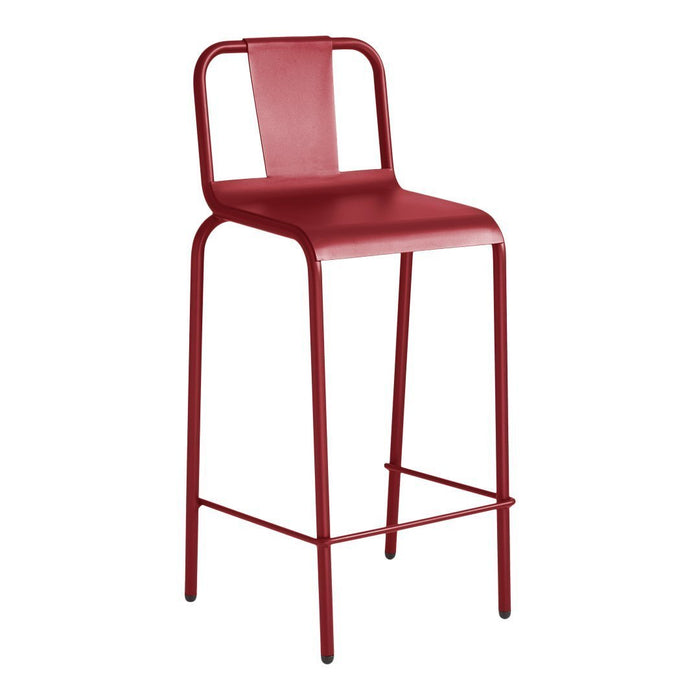 Red metal bar stool with a minimalist design and smooth, solid surface. Perfect for modern interiors.