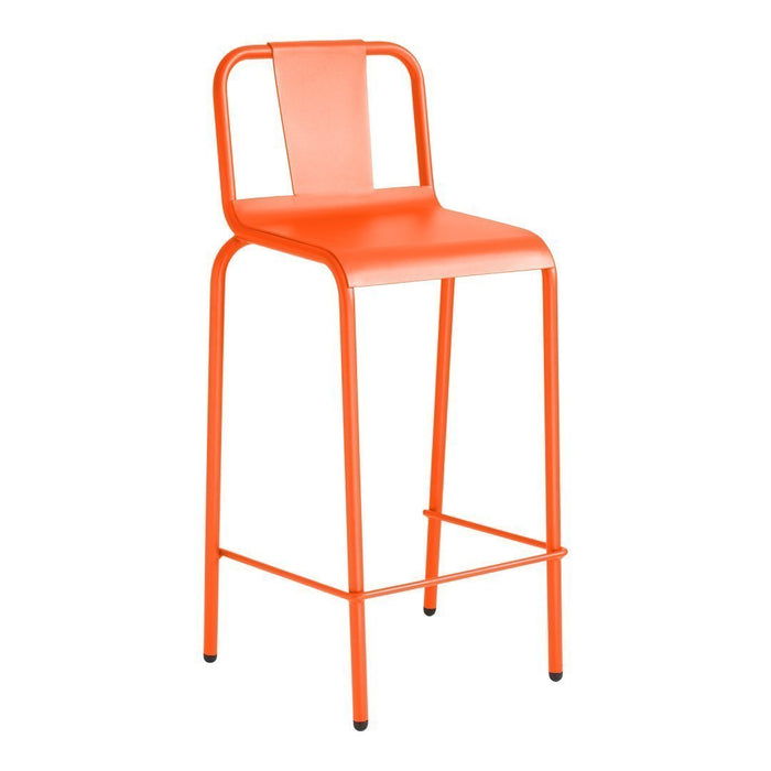 Bright orange metal bar stool with a simple, modern design and a sleek, smooth finish. Ideal for contemporary spaces.