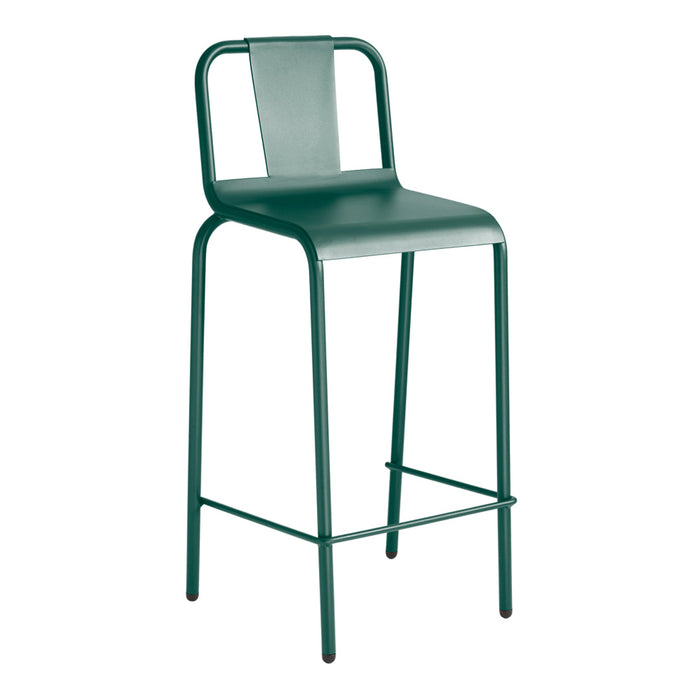 Green metal bar stool with a sleek design and minimalistic backrest, ideal for modern decor.