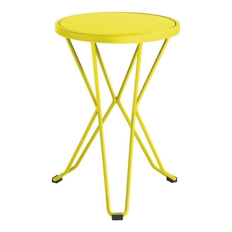 Bright yellow round side table with sleek metal legs, perfect for modern home decor.