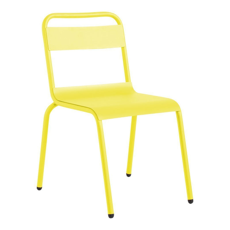 Bright yellow metal chair with a sleek design and minimalistic patterns, perfect for modern spaces.