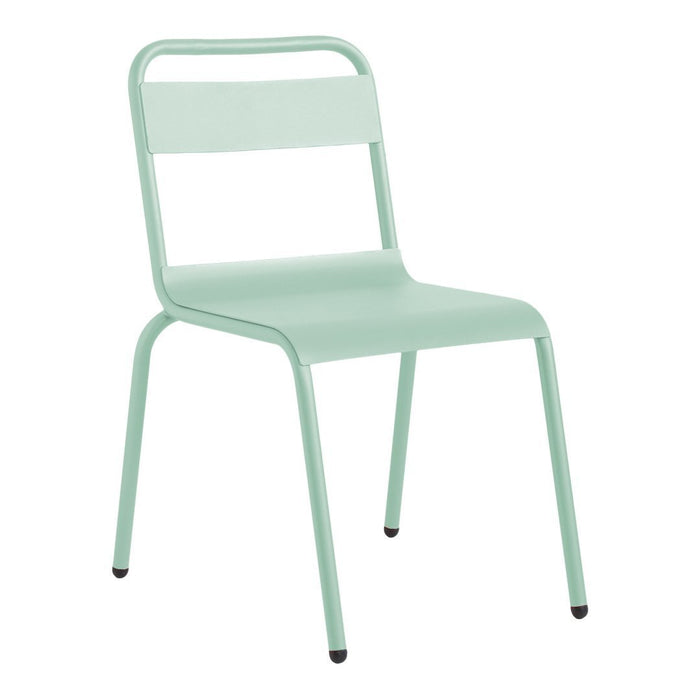 Mint green metal chair with a sleek minimalist design and simple lines, perfect for modern interiors.