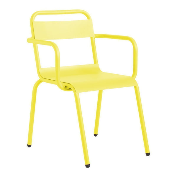 Bright yellow metal chair with a minimalist design and smooth finish. Perfect for adding a pop of color to any space.