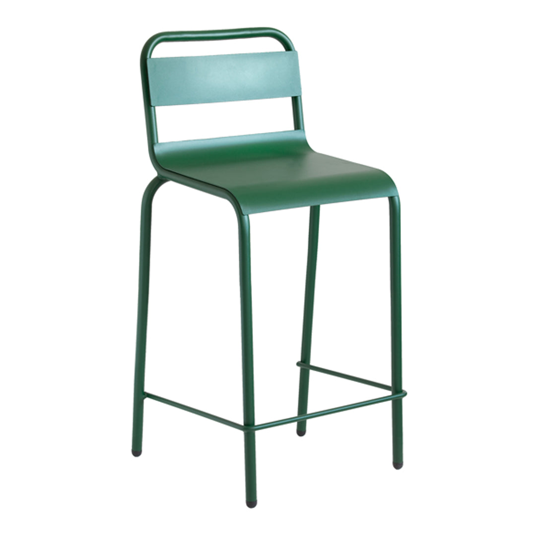 Green metal bar stool with a sleek, minimalist design featuring a solid color and clean lines.