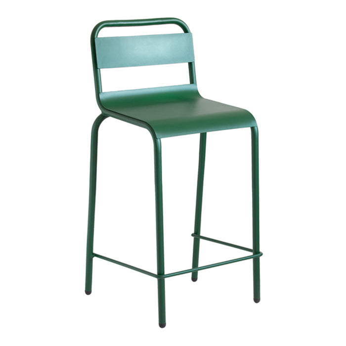 Green metal bar stool with a sleek, minimalist design featuring a solid color and clean lines.