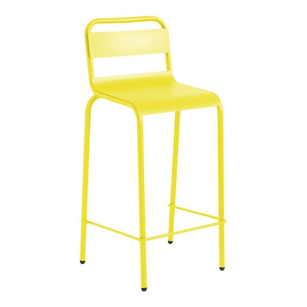 Yellow metal bar stool with a sleek, modern design and minimal patterns, perfect for vibrant spaces.