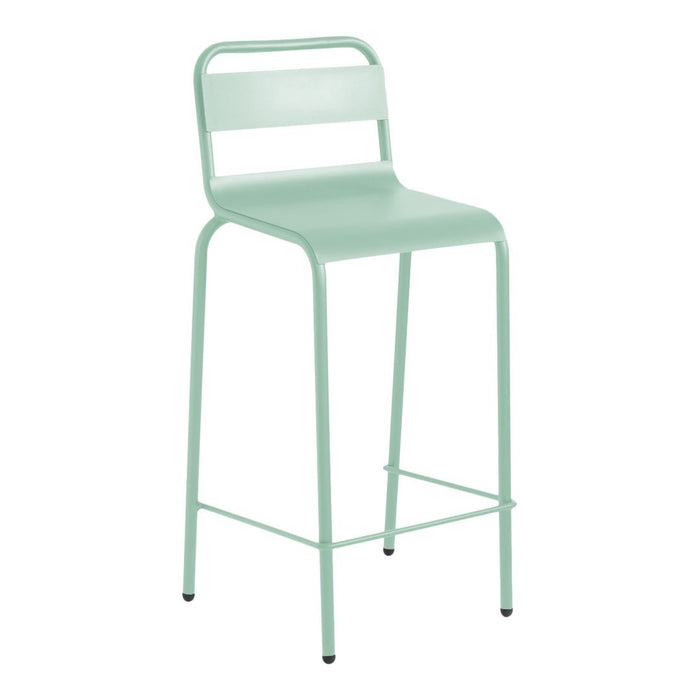 Mint green metal bar stool with a sleek, minimalist design and a solid color finish. Perfect for modern decor.