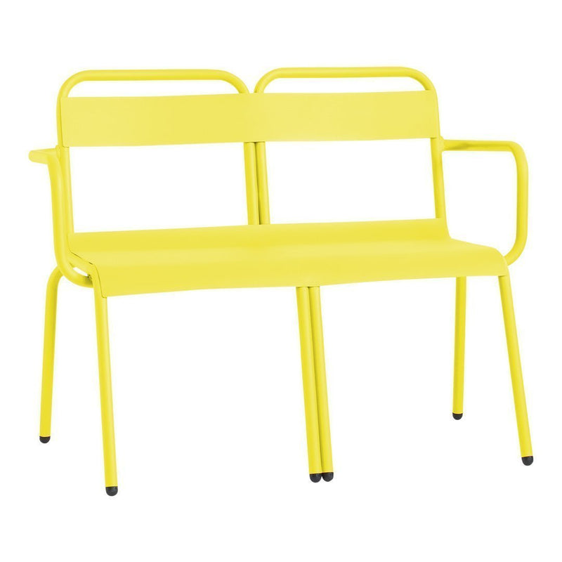 Bright yellow metal bench with a sleek, minimalist design and smooth, solid surface. Ideal for outdoor or patio use.