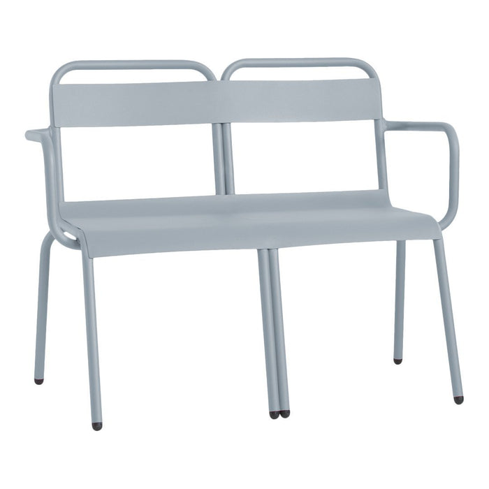 Light gray metal bench with a simple, modern design and smooth, clean lines. Perfect for outdoor or indoor use.
