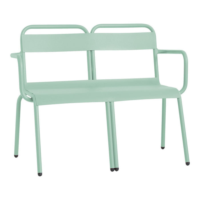 Mint green metal bench with a sleek, minimal design and smooth finish, perfect for outdoor or indoor use.