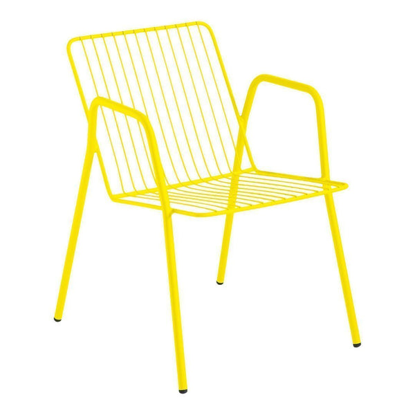 Bright yellow wire chair with minimalist design and open grid pattern, perfect for modern decor.