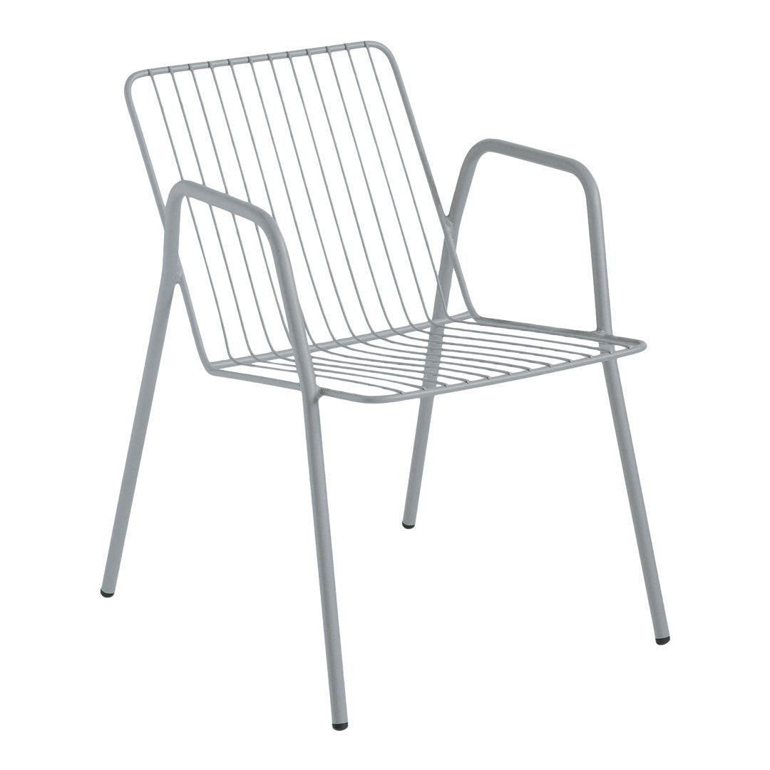 Gray metal chair with a sleek, open slat design and minimalist style. Perfect for modern decor.