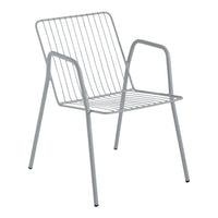 Gray metal chair with a sleek, open slat design and minimalist style. Perfect for modern decor.