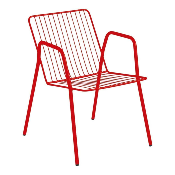 Red wire chair with a modern, minimalist design featuring vertical and horizontal lines. Perfect for contemporary decor.
