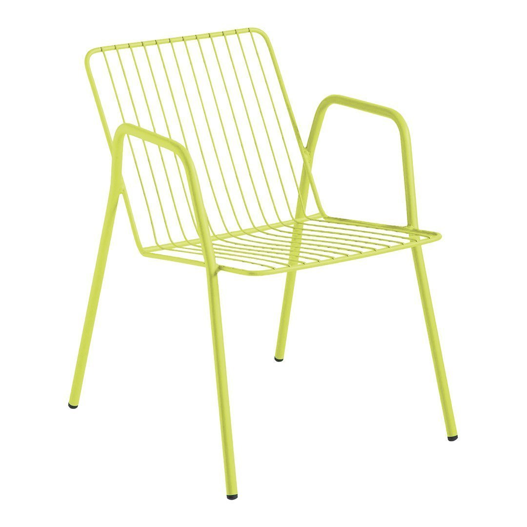 Bright lime green wire chair with a modern, minimalist design and open slat pattern. Ideal for outdoor or contemporary decor.