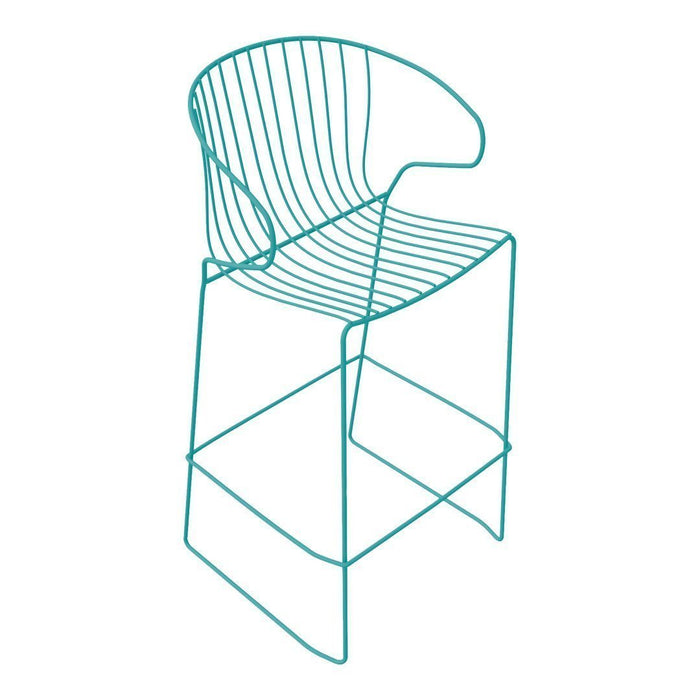 Teal wire bar stool with a modern curved design and vertical striped pattern for a stylish touch.