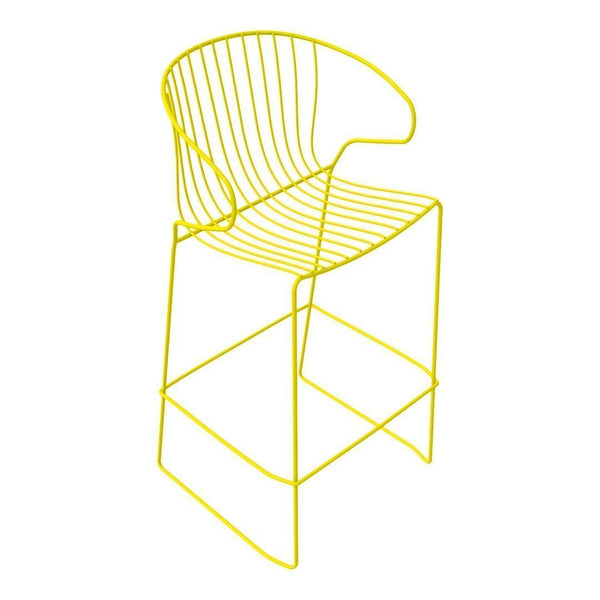 Bright yellow wire barstool with a modern, minimalist striped design. Perfect for stylish decor in any space.