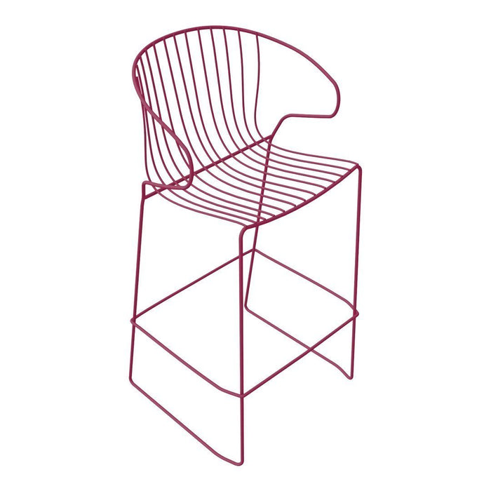 Modern burgundy wire bar stool with a sleek, minimalist design and open, curved backrest. Perfect for stylish seating.