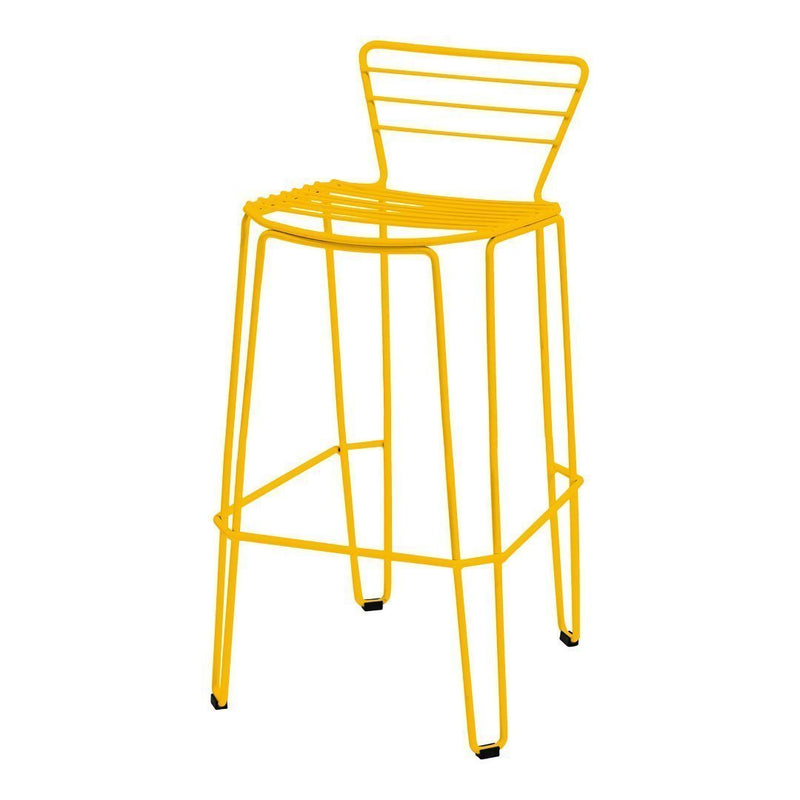 Bright yellow metal bar stool with a sleek striped backrest and modern wire design. Perfect for vibrant decor.