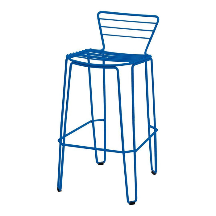 Bright blue metal bar stool with a minimalist design and horizontal slat backrest. Perfect for modern decor.