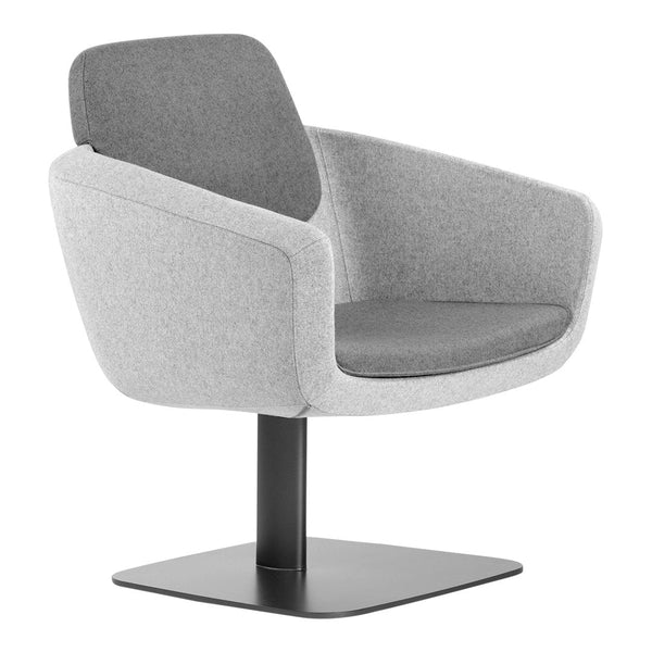 Gray upholstered chair with a smooth, modern design and a black metal base. Perfect for contemporary interiors.