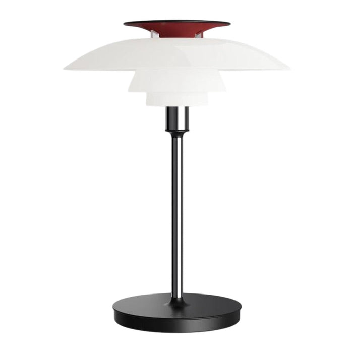 Black and white lamp with red accent; modern layered design enhances any decor.