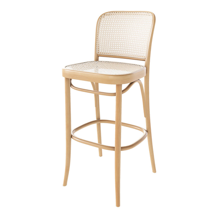Natural wood bar stool with a beige woven rattan seat and backrest, featuring a minimalist design and simple lines.