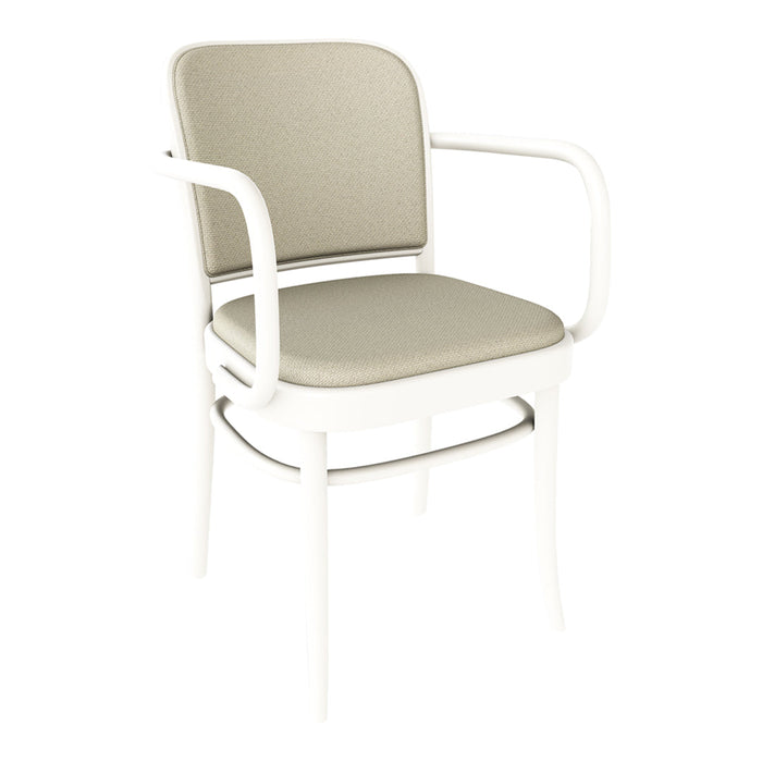 White chair with elegant armrests and soft beige fabric seat and backrest, offering a modern and minimalist design.