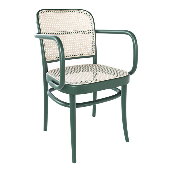 Green metal chair with a woven cane seat and backrest, featuring a classic pattern for stylish decor.