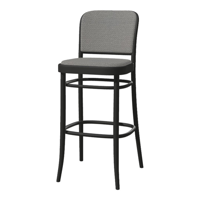 Black metal bar stool with a gray mesh seat and backrest, featuring a sleek, modern design perfect for any decor.