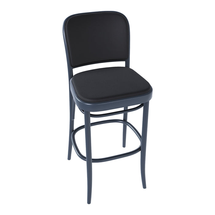 Black bar stool with a simple design, featuring a sleek black seat and sturdy black metal frame.