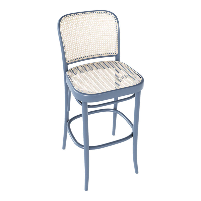 Light blue bar stool with a woven rattan seat and backrest, featuring a sleek, modern design and minimalist aesthetic.