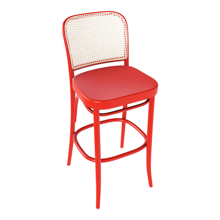 Bright red metal bar stool with a woven cane back and a solid red seat, designed for a bold and modern look.