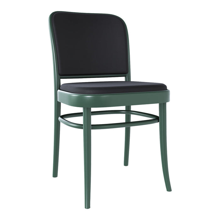 Green metal chair with a sleek black vinyl seat and backrest, featuring a modern, minimalist design.