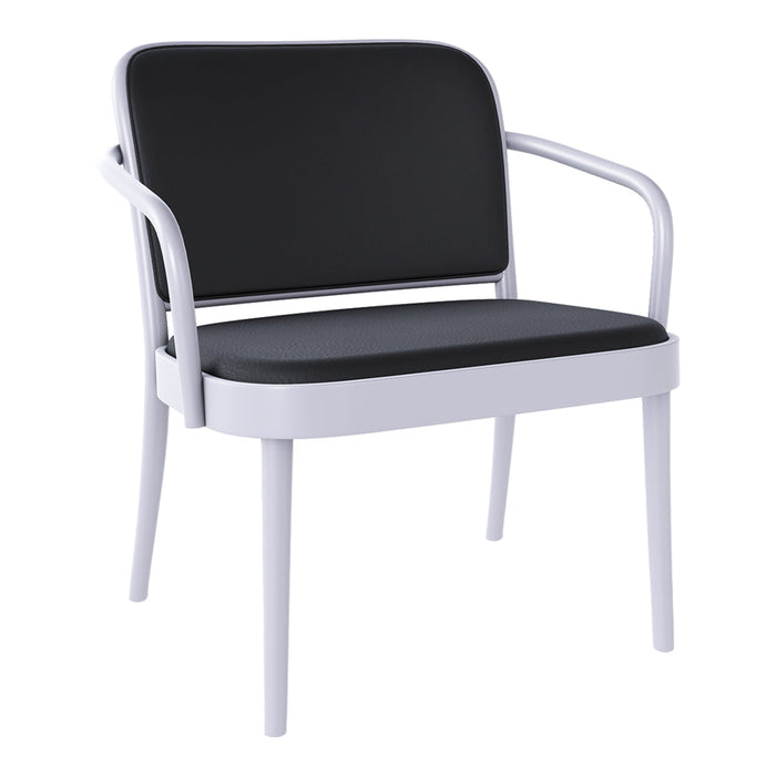 Black upholstered chair with sleek white metal frame, showcasing a modern and minimalist design.