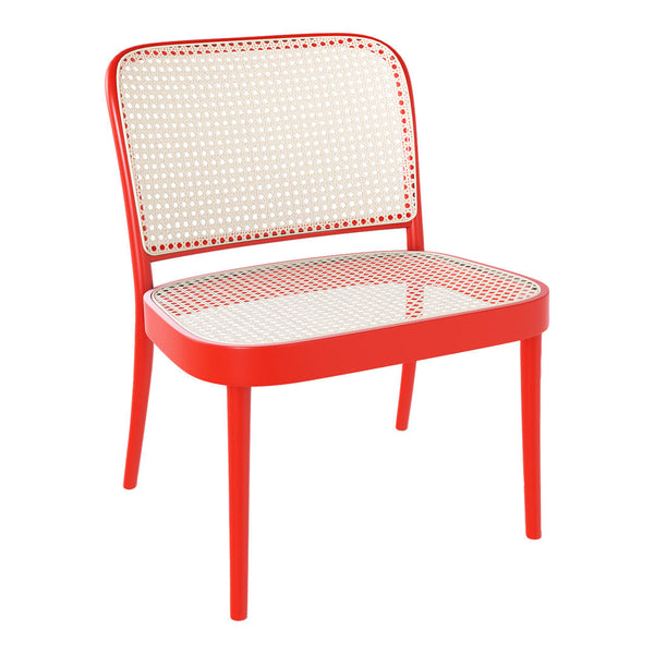 Red chair with a white caned pattern, featuring a sleek, modern design and sturdy metal legs. Perfect for any decor.