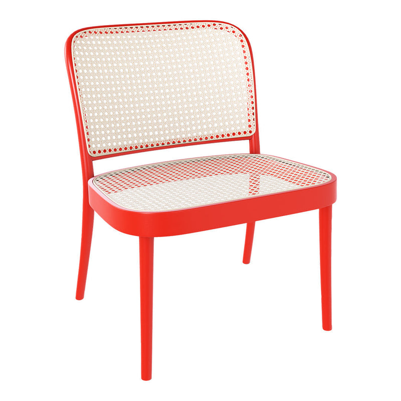 Red chair with a white caned pattern, featuring a sleek, modern design and sturdy metal legs. Perfect for any decor.