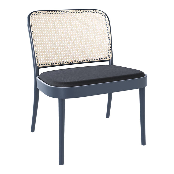 Navy blue chair with a natural cane backrest and black cushioned seat, blending modern and classic design elements.