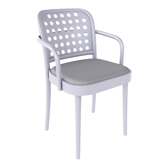 Light purple chair with perforated backrest and gray upholstered seat, perfect for contemporary decor.